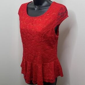 5/$25 Iz Byer red and gold lace Peplum Top M